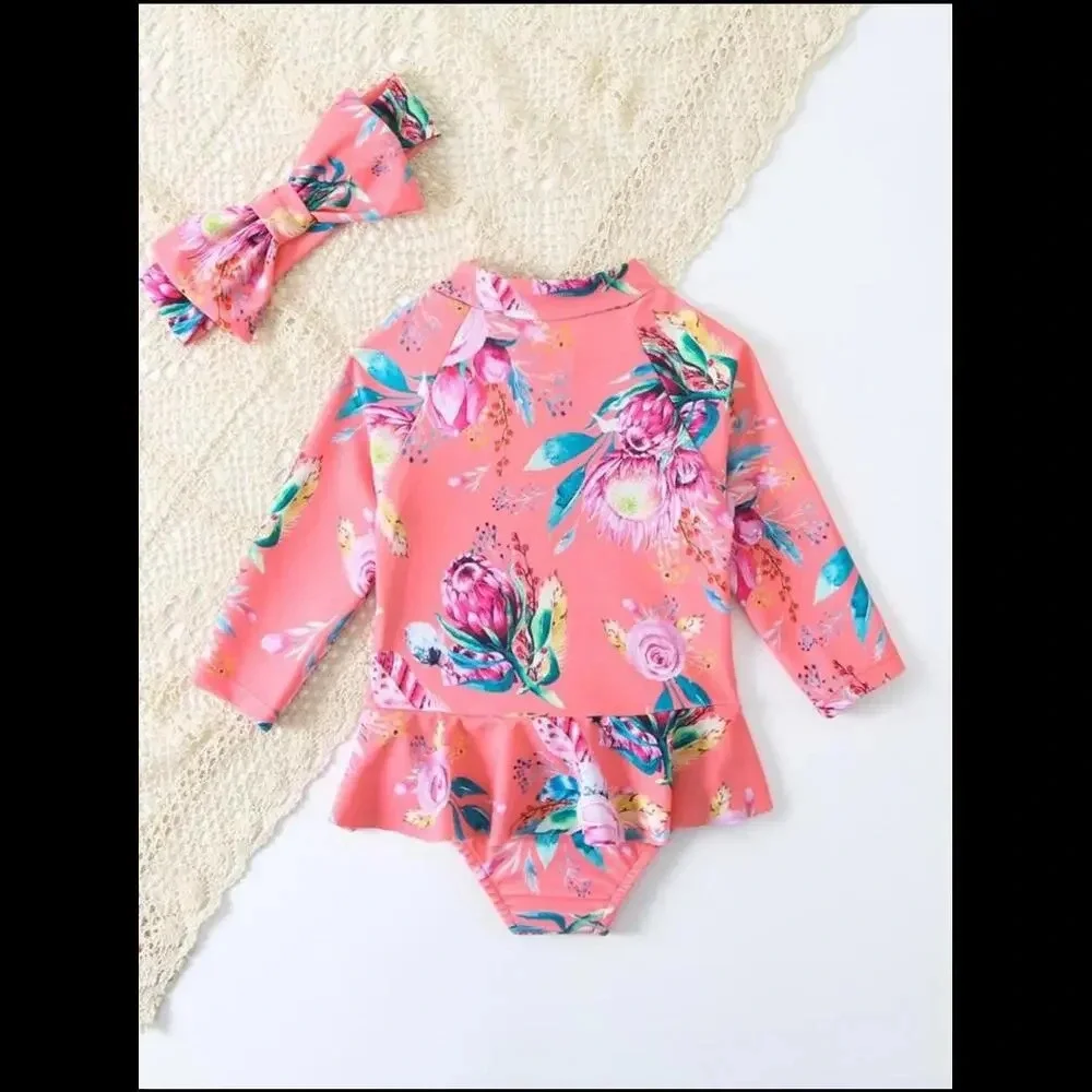SHEIN Baby Girl Floral Print Raglan Sleeve Peplum One Piece Swimsuit Size 80